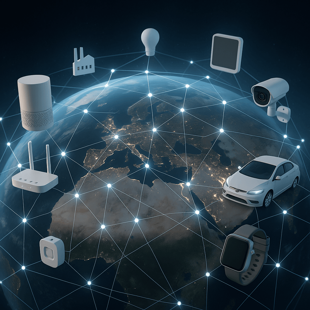 Illustration of a global IoT network with connected devices worldwide | AI-generated image