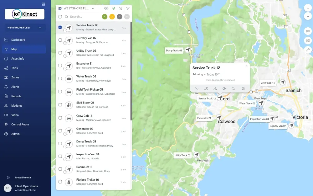 IoTKinect GPS tracking platform: live map of a fleet around Victoria and Langford, BC, with each vehicle's status and location in the asset list
