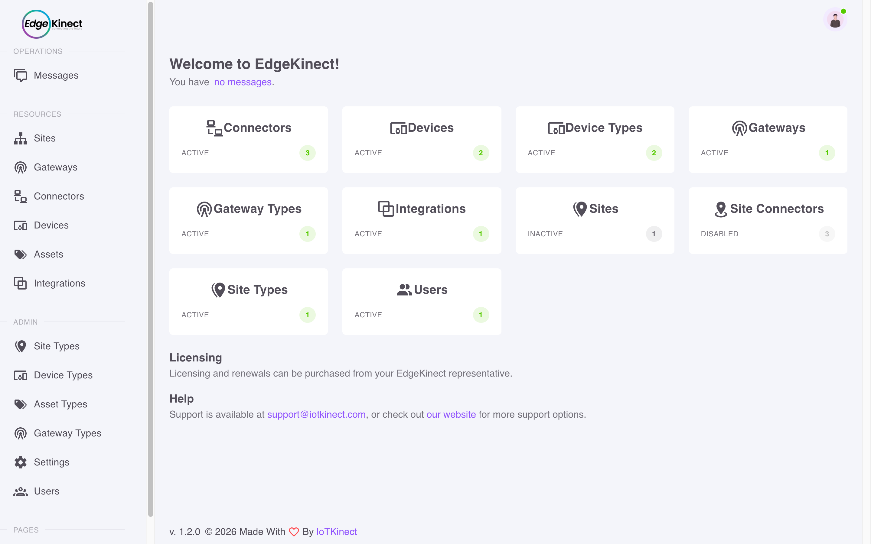 EdgeKinect Core dashboard